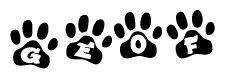 The image shows a row of animal paw prints, each containing a letter. The letters spell out the word Geof within the paw prints.
