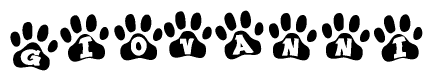 The image shows a series of animal paw prints arranged in a horizontal line. Each paw print contains a letter, and together they spell out the word Giovanni.