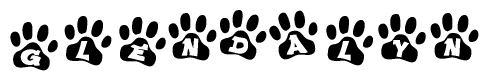 The image shows a row of animal paw prints, each containing a letter. The letters spell out the word Glendalyn within the paw prints.