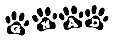 The image shows a series of animal paw prints arranged in a horizontal line. Each paw print contains a letter, and together they spell out the word Ghad.