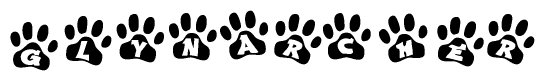 The image shows a series of animal paw prints arranged horizontally. Within each paw print, there's a letter; together they spell Glynarcher