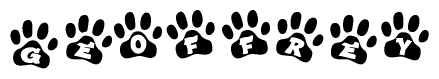 The image shows a series of animal paw prints arranged horizontally. Within each paw print, there's a letter; together they spell Geoffrey