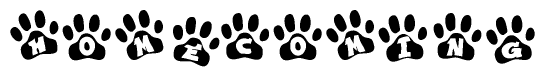 The image shows a row of animal paw prints, each containing a letter. The letters spell out the word Homecoming within the paw prints.