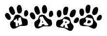 The image shows a series of animal paw prints arranged in a horizontal line. Each paw print contains a letter, and together they spell out the word Hard.