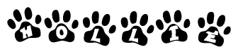 The image shows a series of animal paw prints arranged in a horizontal line. Each paw print contains a letter, and together they spell out the word Hollie.