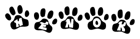 The image shows a series of animal paw prints arranged in a horizontal line. Each paw print contains a letter, and together they spell out the word Henok.