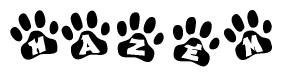 The image shows a series of animal paw prints arranged in a horizontal line. Each paw print contains a letter, and together they spell out the word Hazem.