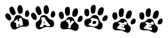 The image shows a series of animal paw prints arranged horizontally. Within each paw print, there's a letter; together they spell Haydee