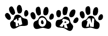 The image shows a series of animal paw prints arranged in a horizontal line. Each paw print contains a letter, and together they spell out the word Horn.