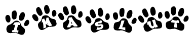 The image shows a series of animal paw prints arranged in a horizontal line. Each paw print contains a letter, and together they spell out the word Imaslut.