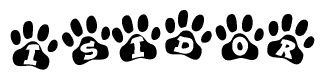 The image shows a row of animal paw prints, each containing a letter. The letters spell out the word Isidor within the paw prints.