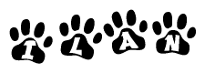 The image shows a series of animal paw prints arranged in a horizontal line. Each paw print contains a letter, and together they spell out the word Ilan.