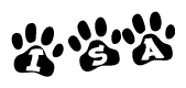 The image shows a series of animal paw prints arranged in a horizontal line. Each paw print contains a letter, and together they spell out the word Isa.
