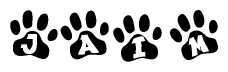The image shows a series of animal paw prints arranged horizontally. Within each paw print, there's a letter; together they spell Jaim