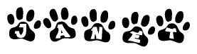 The image shows a series of animal paw prints arranged in a horizontal line. Each paw print contains a letter, and together they spell out the word Janet.