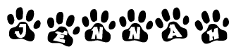 The image shows a series of animal paw prints arranged in a horizontal line. Each paw print contains a letter, and together they spell out the word Jennah.