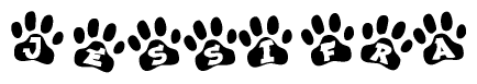 The image shows a row of animal paw prints, each containing a letter. The letters spell out the word Jessifra within the paw prints.