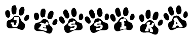 The image shows a series of animal paw prints arranged horizontally. Within each paw print, there's a letter; together they spell Jessika