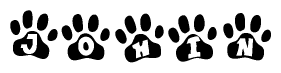 The image shows a series of animal paw prints arranged in a horizontal line. Each paw print contains a letter, and together they spell out the word Johin.