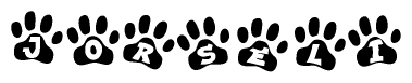 The image shows a series of animal paw prints arranged in a horizontal line. Each paw print contains a letter, and together they spell out the word Jorseli.