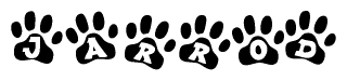 The image shows a series of animal paw prints arranged horizontally. Within each paw print, there's a letter; together they spell Jarrod