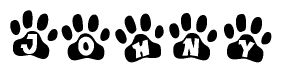 The image shows a series of animal paw prints arranged horizontally. Within each paw print, there's a letter; together they spell Johny
