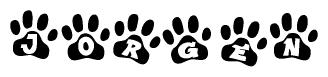The image shows a series of animal paw prints arranged in a horizontal line. Each paw print contains a letter, and together they spell out the word Jorgen.
