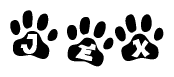 The image shows a series of animal paw prints arranged horizontally. Within each paw print, there's a letter; together they spell Jex