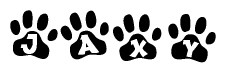 The image shows a row of animal paw prints, each containing a letter. The letters spell out the word Jaxy within the paw prints.