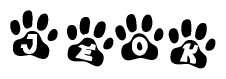 The image shows a series of animal paw prints arranged horizontally. Within each paw print, there's a letter; together they spell Jeok