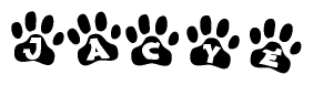The image shows a series of animal paw prints arranged horizontally. Within each paw print, there's a letter; together they spell Jacye