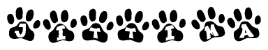 The image shows a row of animal paw prints, each containing a letter. The letters spell out the word Jittima within the paw prints.