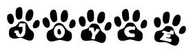 The image shows a series of animal paw prints arranged horizontally. Within each paw print, there's a letter; together they spell Joyce