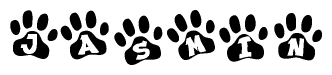The image shows a series of animal paw prints arranged horizontally. Within each paw print, there's a letter; together they spell Jasmin