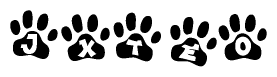The image shows a series of animal paw prints arranged in a horizontal line. Each paw print contains a letter, and together they spell out the word Jxteo.