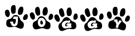 The image shows a series of animal paw prints arranged horizontally. Within each paw print, there's a letter; together they spell Joggy