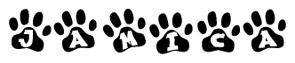 The image shows a series of animal paw prints arranged in a horizontal line. Each paw print contains a letter, and together they spell out the word Jamica.