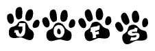 The image shows a row of animal paw prints, each containing a letter. The letters spell out the word Jofs within the paw prints.