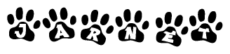 The image shows a series of animal paw prints arranged in a horizontal line. Each paw print contains a letter, and together they spell out the word Jarnet.