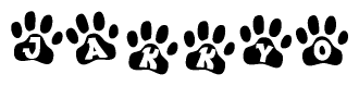 The image shows a row of animal paw prints, each containing a letter. The letters spell out the word Jakkyo within the paw prints.
