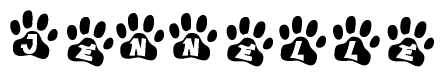 The image shows a row of animal paw prints, each containing a letter. The letters spell out the word Jennelle within the paw prints.