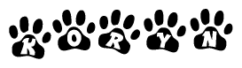 The image shows a series of animal paw prints arranged in a horizontal line. Each paw print contains a letter, and together they spell out the word Koryn.