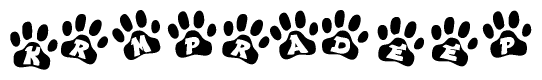 The image shows a series of animal paw prints arranged in a horizontal line. Each paw print contains a letter, and together they spell out the word Krmpradeep.