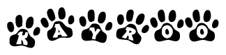 The image shows a series of animal paw prints arranged in a horizontal line. Each paw print contains a letter, and together they spell out the word Kayroo.