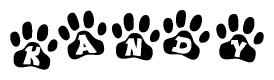 The image shows a series of animal paw prints arranged in a horizontal line. Each paw print contains a letter, and together they spell out the word Kandy.
