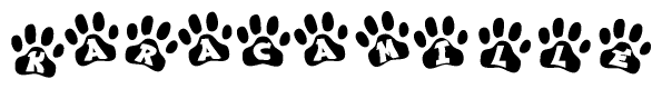 The image shows a row of animal paw prints, each containing a letter. The letters spell out the word Karacamille within the paw prints.