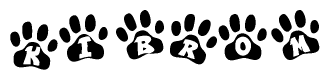 The image shows a series of animal paw prints arranged in a horizontal line. Each paw print contains a letter, and together they spell out the word Kibrom.