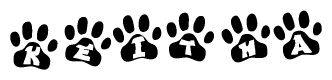 The image shows a series of animal paw prints arranged horizontally. Within each paw print, there's a letter; together they spell Keitha