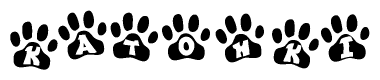 The image shows a series of animal paw prints arranged in a horizontal line. Each paw print contains a letter, and together they spell out the word Katohki.