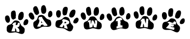 The image shows a series of animal paw prints arranged in a horizontal line. Each paw print contains a letter, and together they spell out the word Karwine.